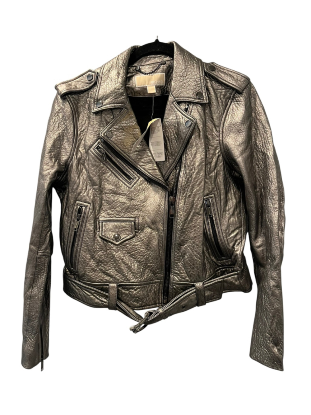NWT Michael Kors Crinkled Metallic Leather Moto Jacket Pewter Silver Large $550